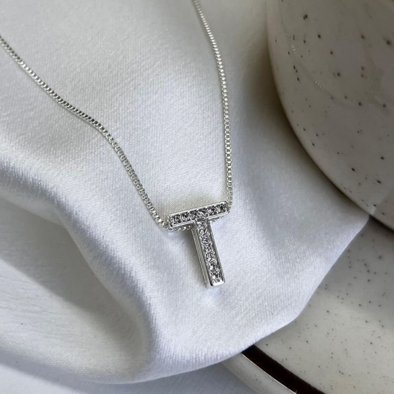 Colar Inicial T Cravejado Banho Ouro 18k/Prata 925