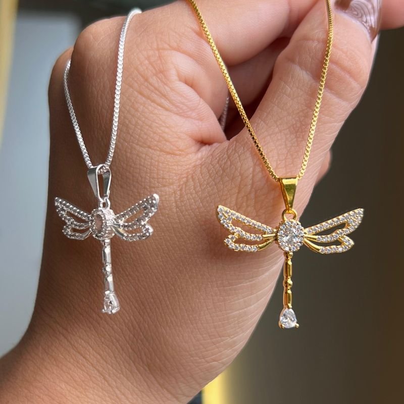 Colar Libélula Cravejada Banho Ouro 18k/Prata 925
