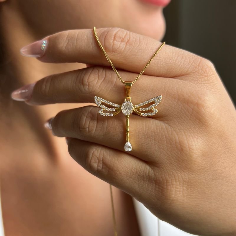 Colar Libélula Cravejada Banho Ouro 18k/Prata 925