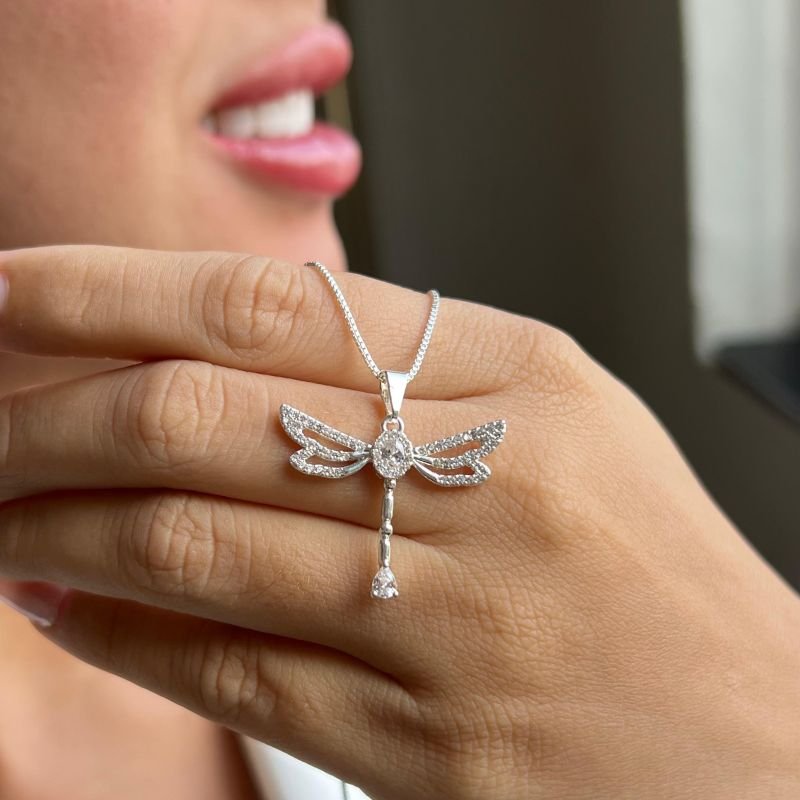 Colar Libélula Cravejada Banho Ouro 18k/Prata 925
