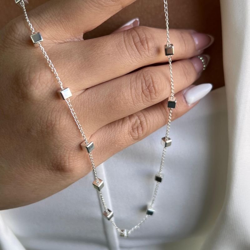 Colar Longo Bloquinhos Banho Ouro18k/Prata 925