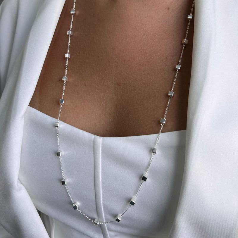 Colar Longo Bloquinhos Banho Ouro18k/Prata 925