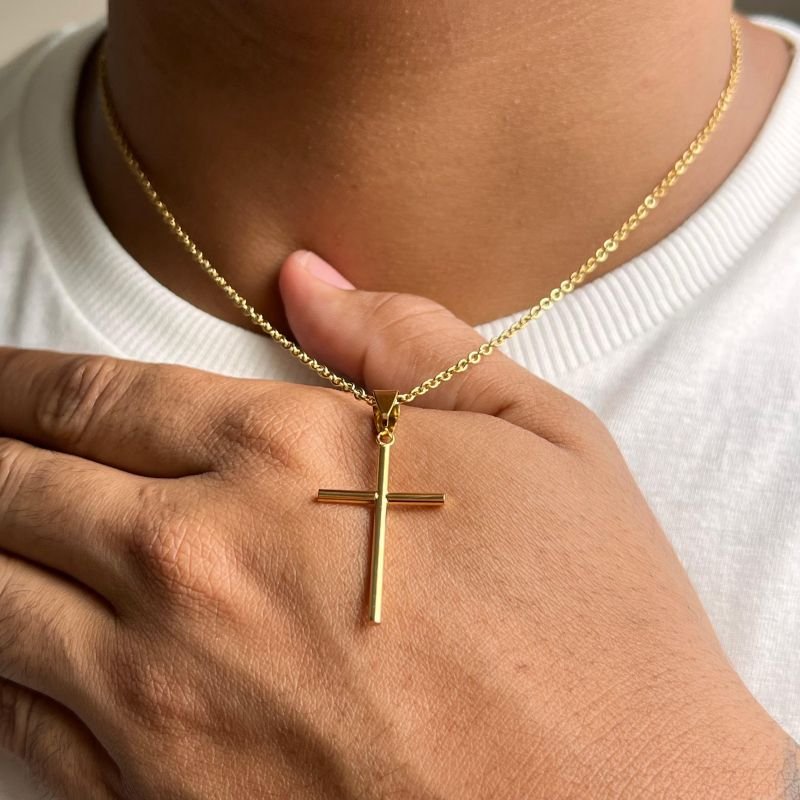 Colar Masculino Crucifixo Aço Inoxidável Dourado/Ródio