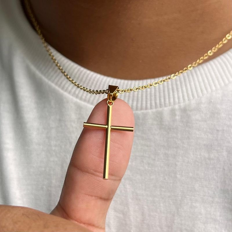 Colar Masculino Crucifixo Aço Inoxidável Dourado/Ródio