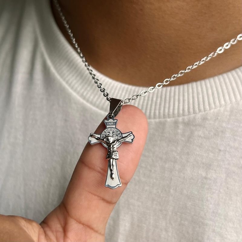 Colar Masculino Cruz Aço Inoxidável Ródio
