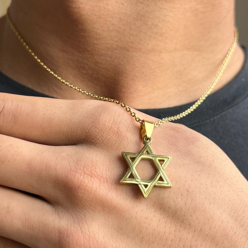 Colar Masculino Estrela De Davi Aço Inoxidável Dourado/Ródio