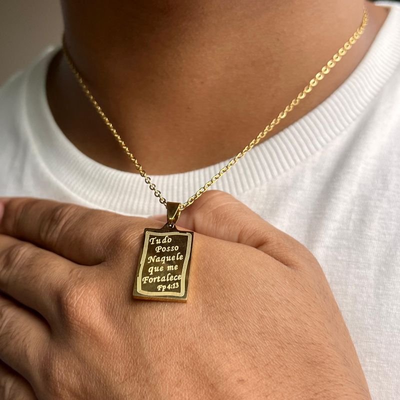 Colar Masculino Plaquinha Aço Inoxidável Dourado/Ródio