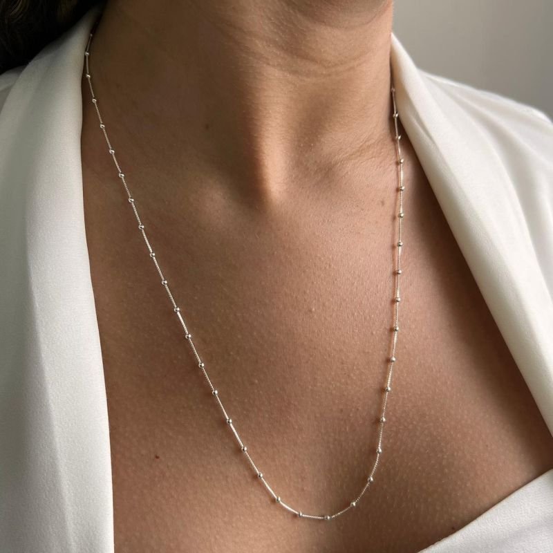 Colar Mini Esferas Médio 58cm Banho Ouro 18k/Prata 925