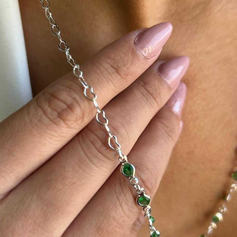 Colar Médio c/ Ponto de luz Verde Banho Prata 925