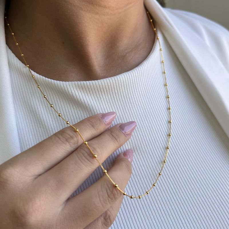 Colar Mini Esferas Médio 58cm Banho Ouro 18k/Prata 925