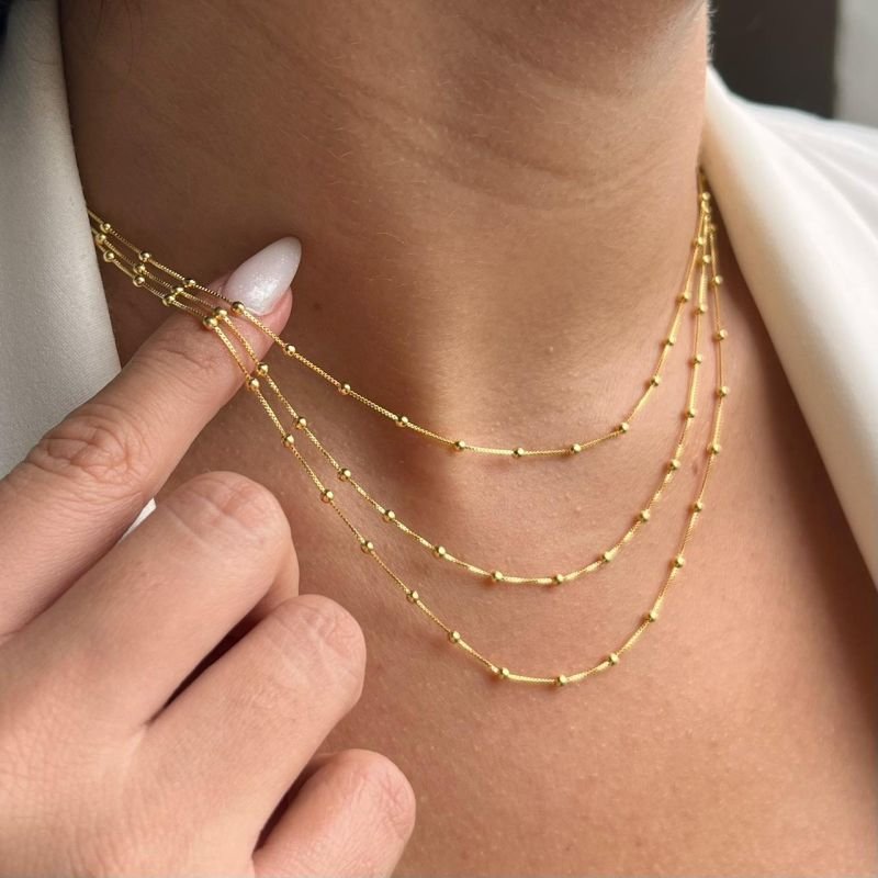 Colar Mini EsferasTrês Voltas Banho Ouro18k/Prata 925