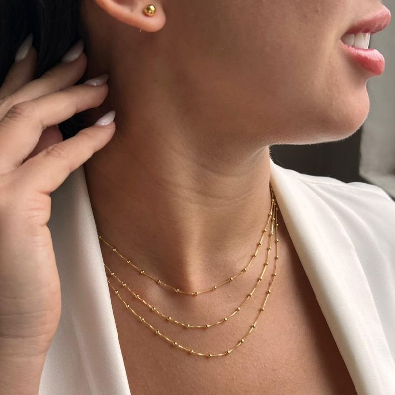 Colar Mini EsferasTrês Voltas Banho Ouro18k/Prata 925