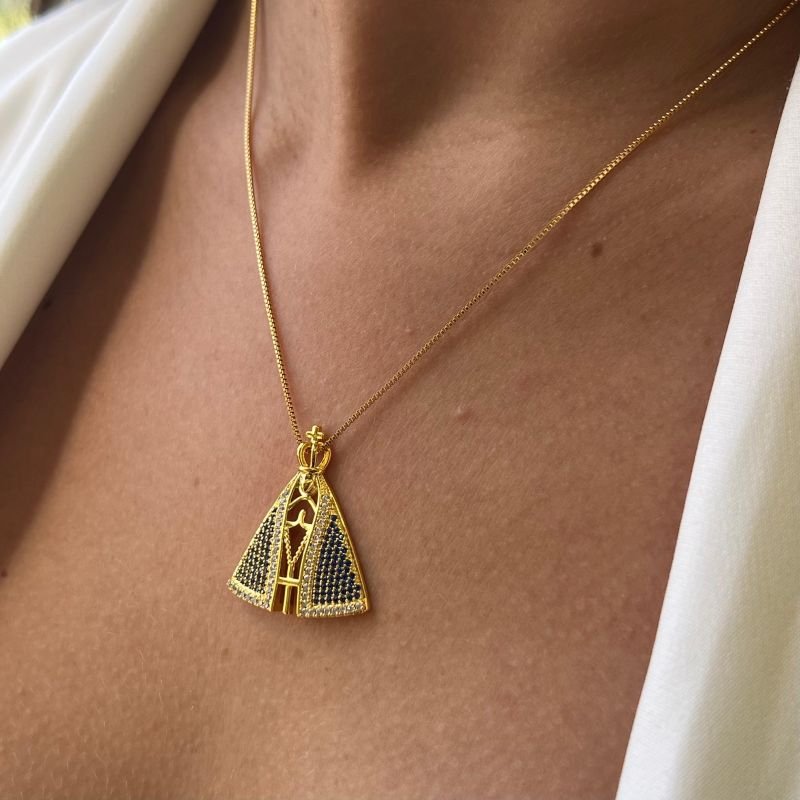 Colar Nossa Senhora Cravejada G Banho Ouro 18k/Prata 925