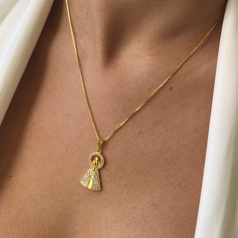 Colar Nossa Senhora Cravejada M Banho Ouro 18k/Prata 925