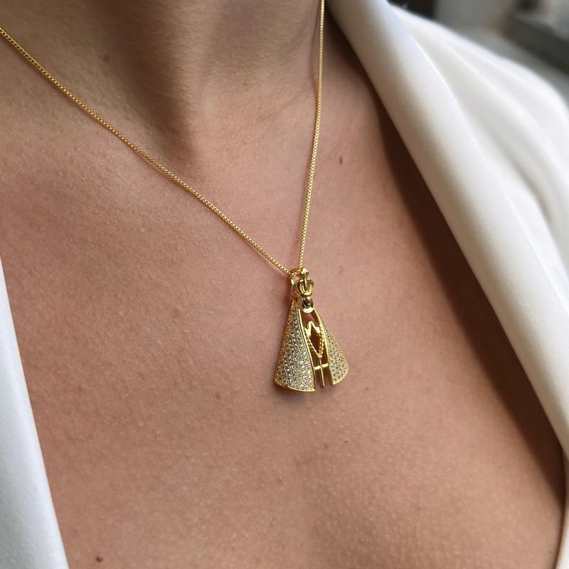 Colar Nossa Senhora Cravejado G Banho Ouro 18k/Prata 925