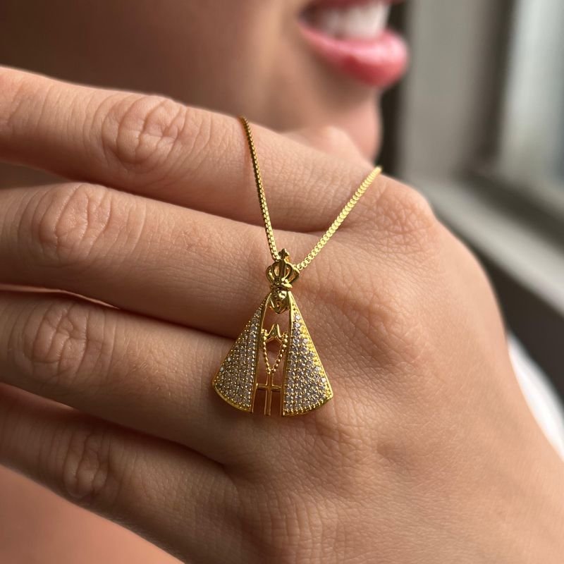 Colar Nossa Senhora Cravejado Banho Ouro 18k