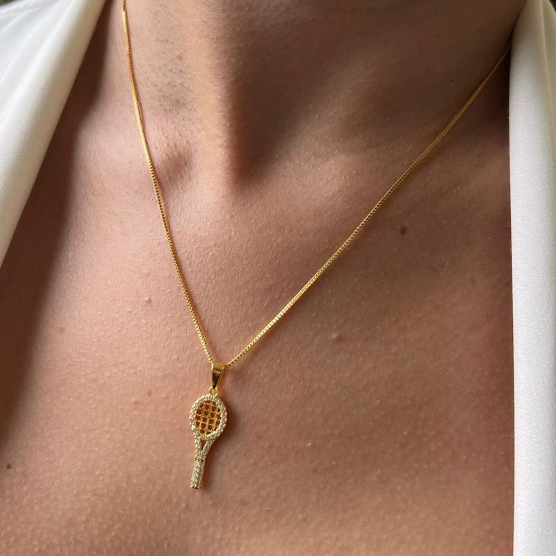 Colar Raquete C/ Zircônia Banho Ouro 18k