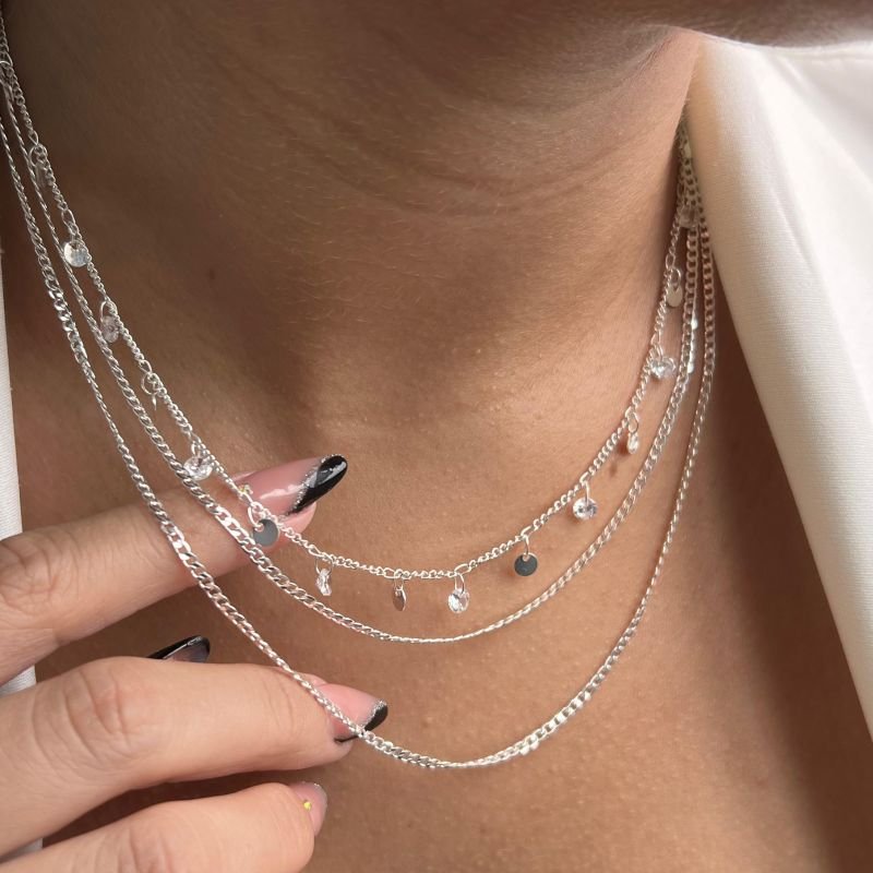 Colar Três Voltas Correntaria Banho Prata 925