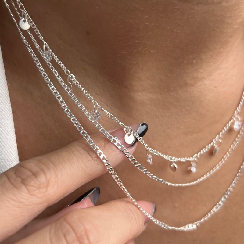 Colar Três Voltas Correntaria Banho Prata 925