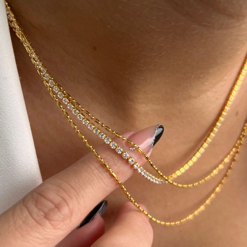 Colar Três Voltas Pontilhado Banho Ouro 18k/Prata 925