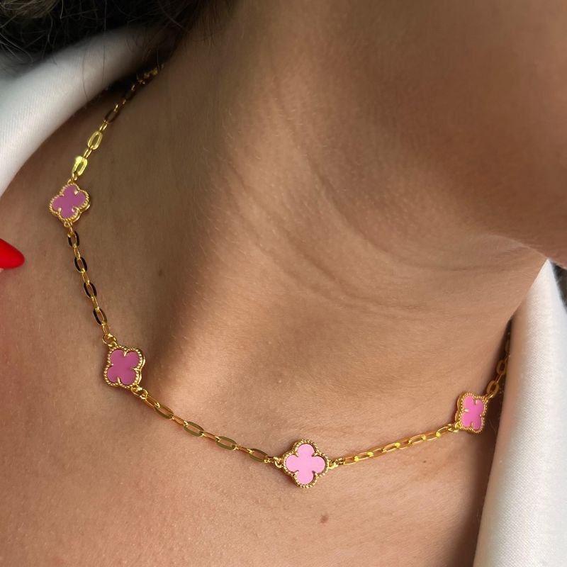 Choker Trevo M Rosa Banho Ouro 18k/Prata 925