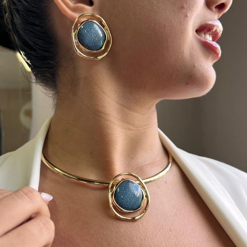 Conjunto Choker Aro + Brinco Biju Fina Dourado