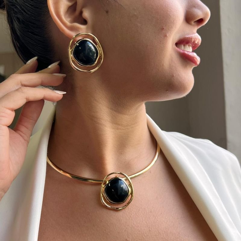 Conjunto Choker Aro + Brinco Biju Fina Dourado