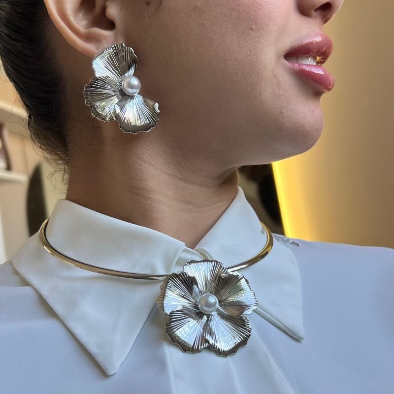 Conjunto Choker Aro + Brinco Biju Fina Dourado/Ródio