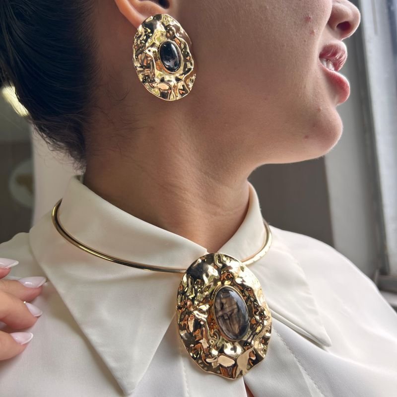 Conjunto Choker Aro + Brinco Biju Fina Dourado/Ródio
