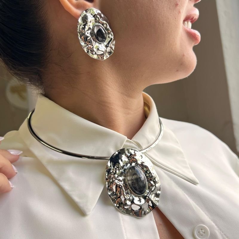 Conjunto Choker Aro + Brinco Biju Fina Dourado/Ródio