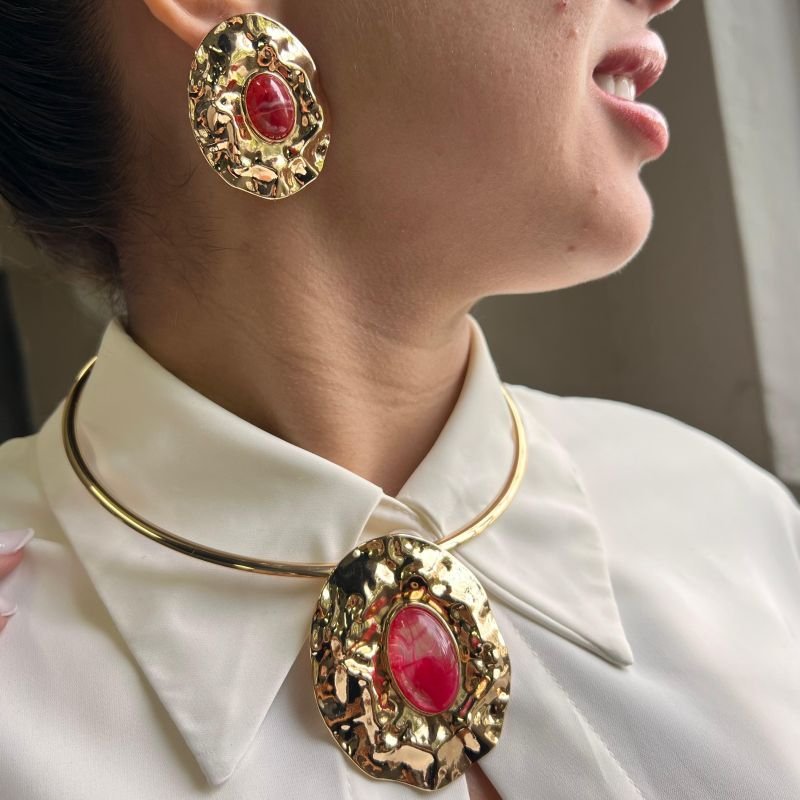 Conjunto Choker Aro + Brinco Biju Fina Dourado/Ródio