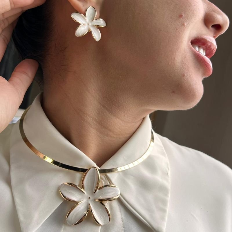 Conjunto Choker Aro + Brinco Biju Fina Dourado/Ródio