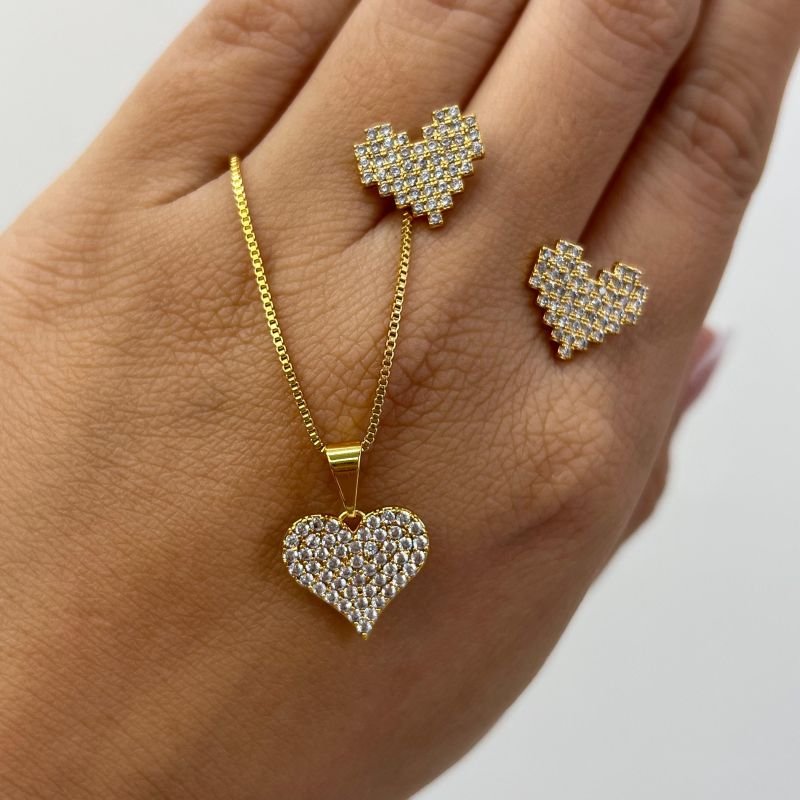 Conjunto Colar + Brinco Coração Cravejado Fino Banho Ouro 18k/Prata 925