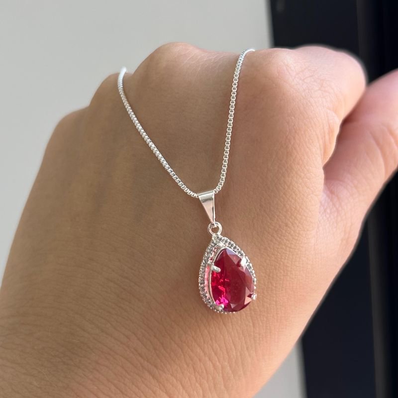 Conjunto Colar + Brinco Cravejado Pink Banho Prata 925