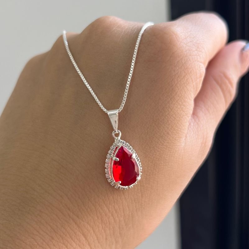 Conjunto Colar + Brinco Gota Cravejado Vermelho Banho Prata 925