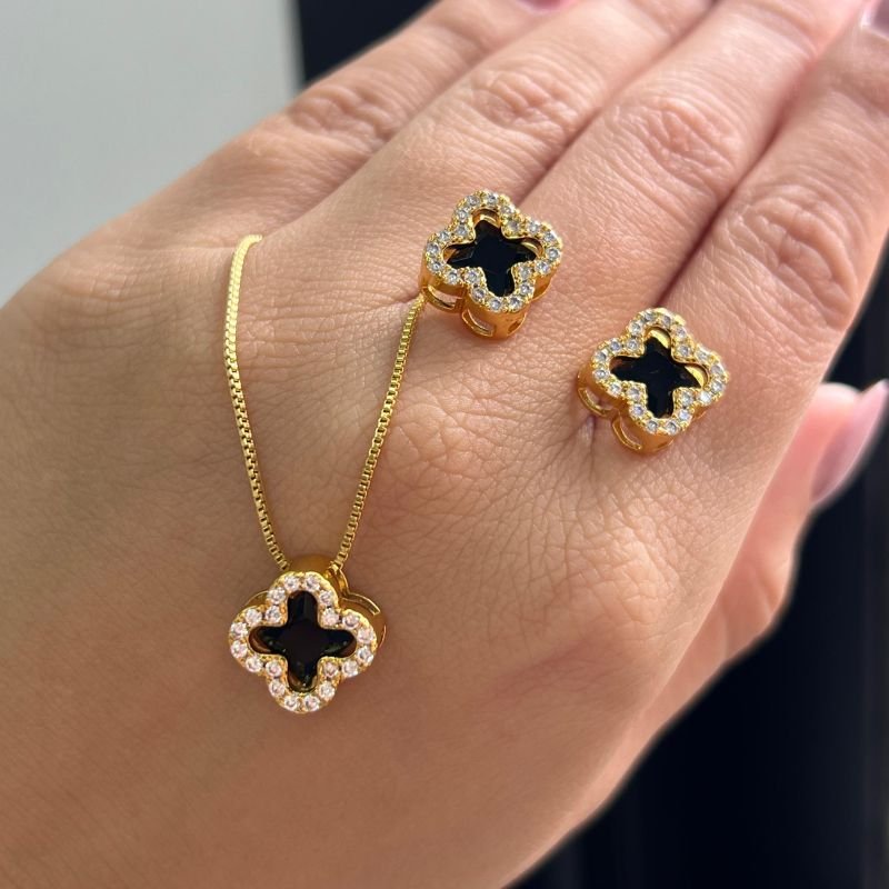 Conjunto Colar + Brinco Trevo Cravejado Banho Ouro 18k/Prata 925