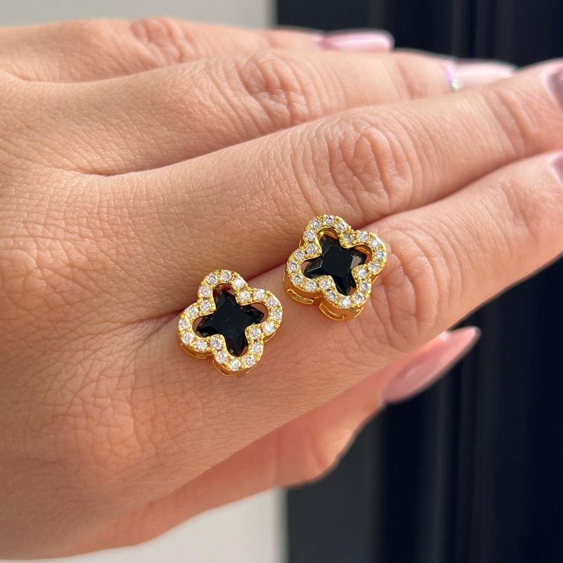 Conjunto Colar + Brinco Trevo Cravejado Banho Ouro 18k/Prata 925