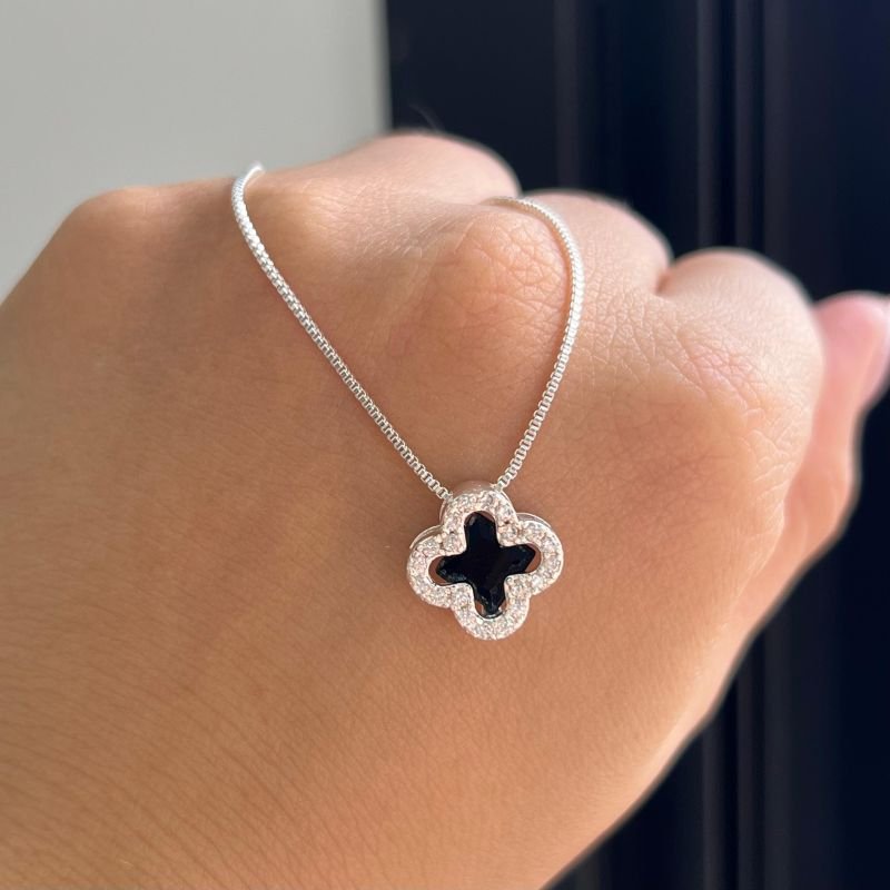 Conjunto Colar + Brinco Trevo Cravejado Banho Ouro 18k/Prata 925