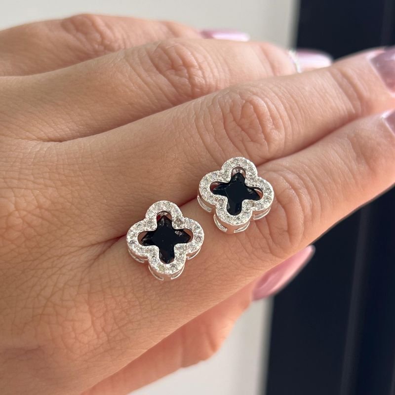 Conjunto Colar + Brinco Trevo Cravejado Banho Ouro 18k/Prata 925