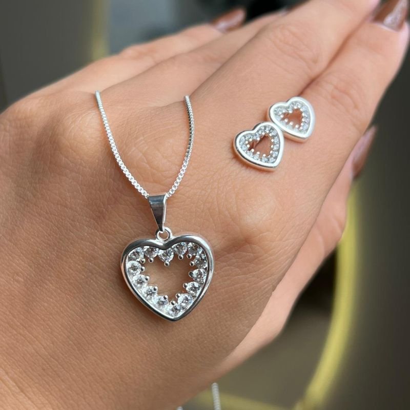 Conjunto Colar + Brinco Coração Banho Ouro18k/Prata 925