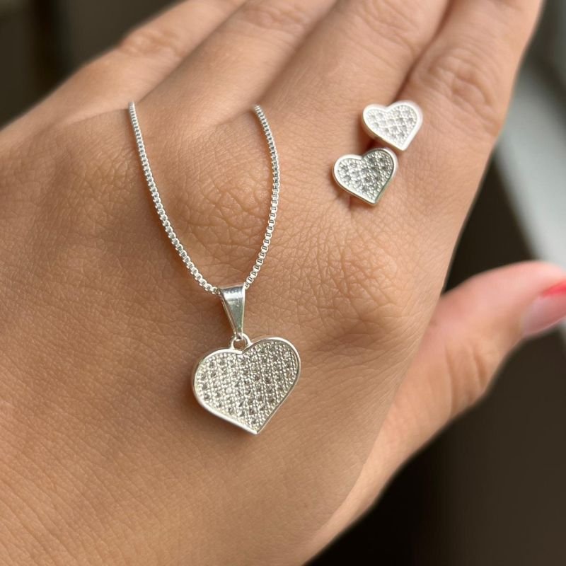 Conjunto Colar + Brinco Coração Banho Ouro 18k/Prata 925