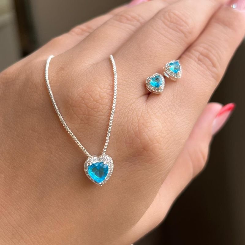 Conjunto Colar + Brinco Coração Cravejado Azul Banho Ouro 18k/Prata 925