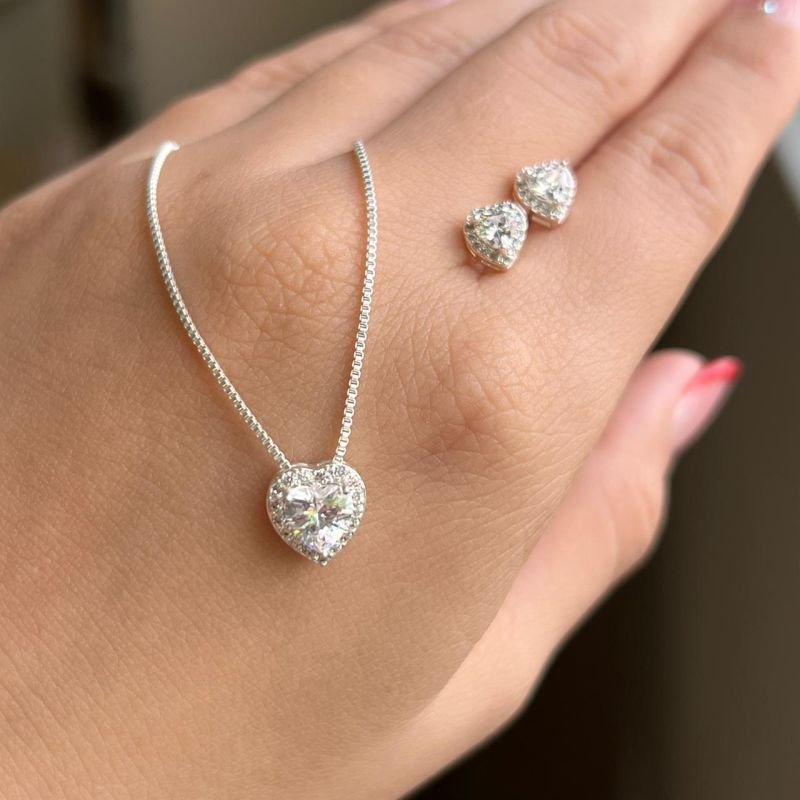 Conjunto Colar + Brinco Coração Cravejado Cristal Banho Ouro 18k/Prata 925