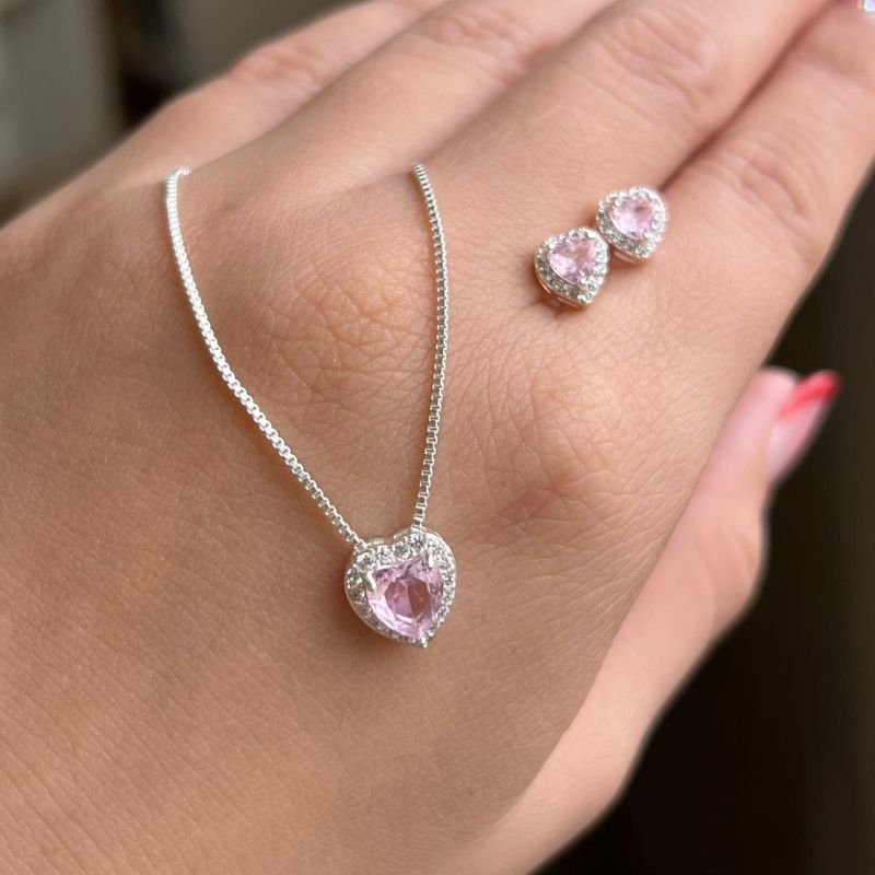 Conjunto Colar + Brinco Coração Cravejado Rosa Banho Ouro 18k/Prata 925