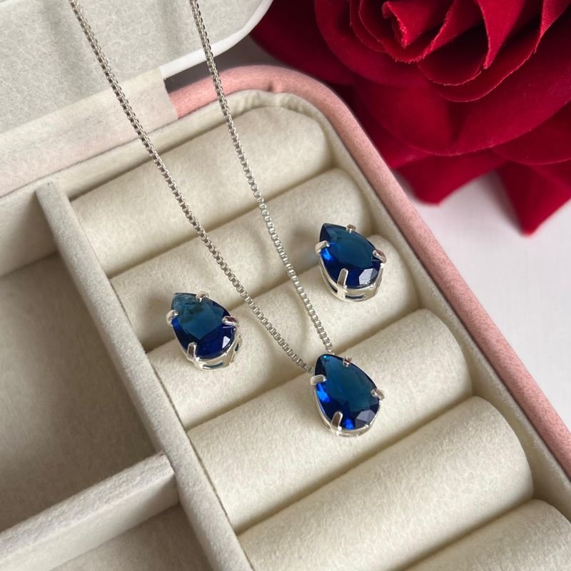 Conjunto Gota Azul Marinho Banho Ouro 18k/Prata 925