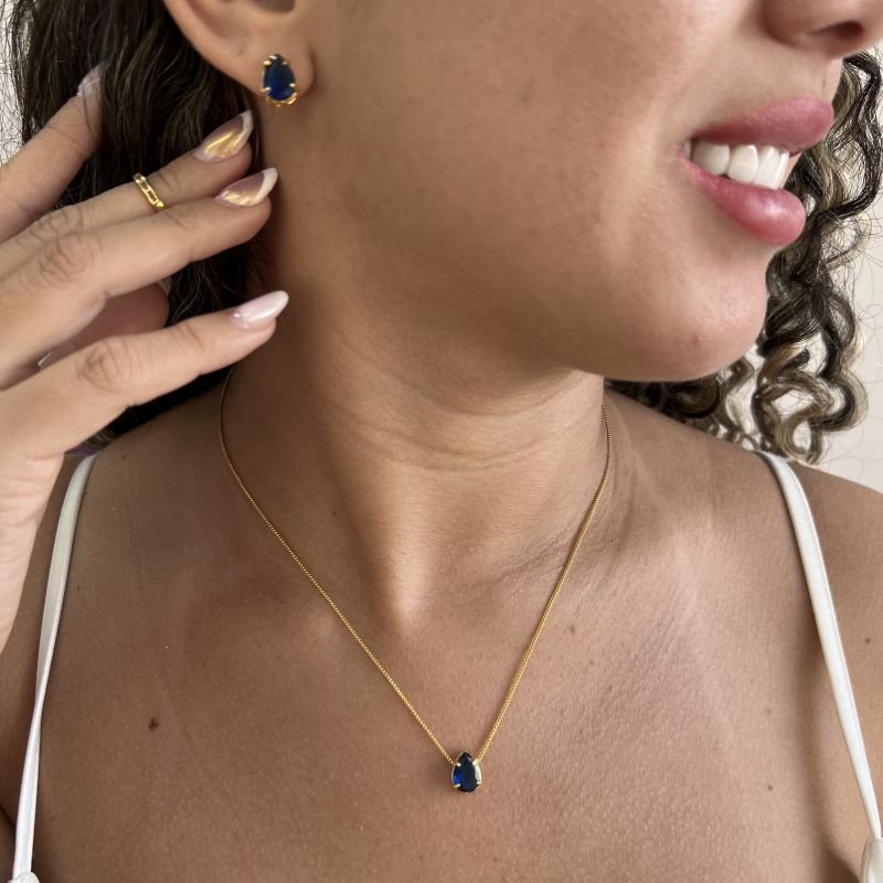 Conjunto Gota Azul Marinho Banho Ouro 18k/Prata 925