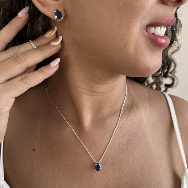 Conjunto Gota Azul Marinho Banho Ouro 18k/Prata 925