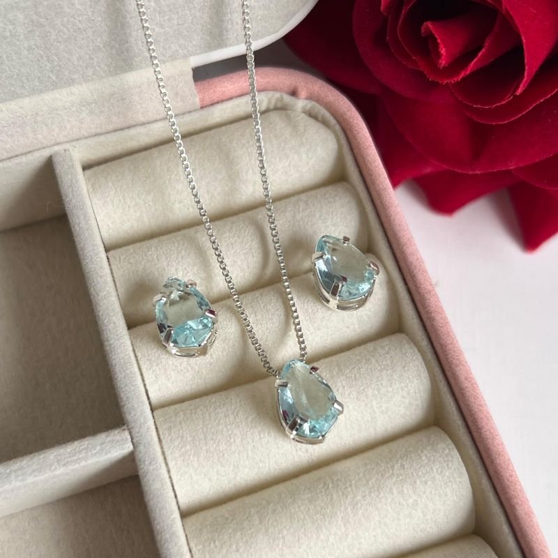 Conjunto Gota Azul Tiffany Banho Ouro 18k/Prata 925