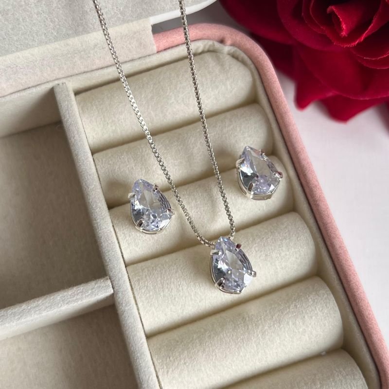 Conjunto Gota Cristal Banho Ouro 18k/Prata 925