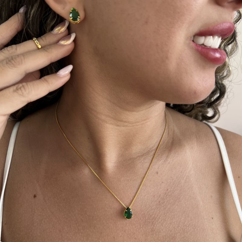 Conjunto Gota Esmeralda Banho Ouro 18k/Prata 925